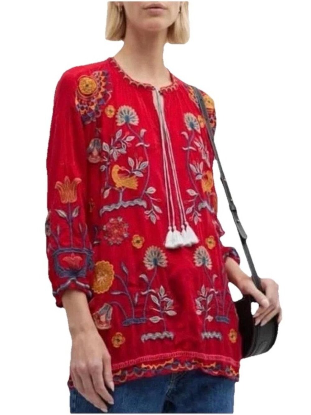 JOHNNY WAS Red "Mayson" Floral Embroidered  3/4 Length Sleeves Tunic Shirt Sz 2X - Picture 2 of 15